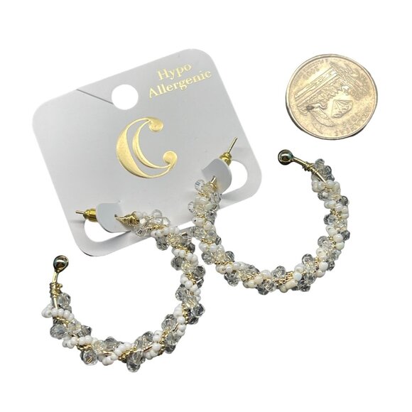 Charming Charlie, Hypoallergenic Crystal & Pearl Hoop Earrings Gold Tone 1.5 Inc - Picture 3 of 6